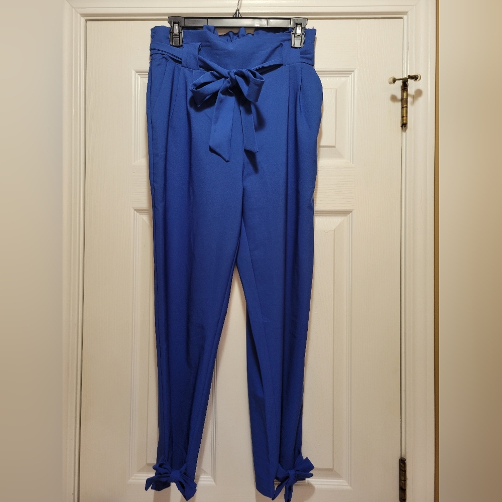 Grace Karin Elegant Blue Tie-Waist Pants